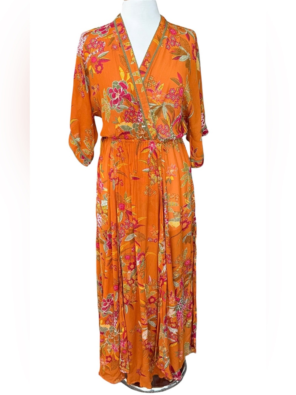 Poupette St Barth Adha Midi Maxi Dress Orange  V Neck Flowy Resort Size Small
